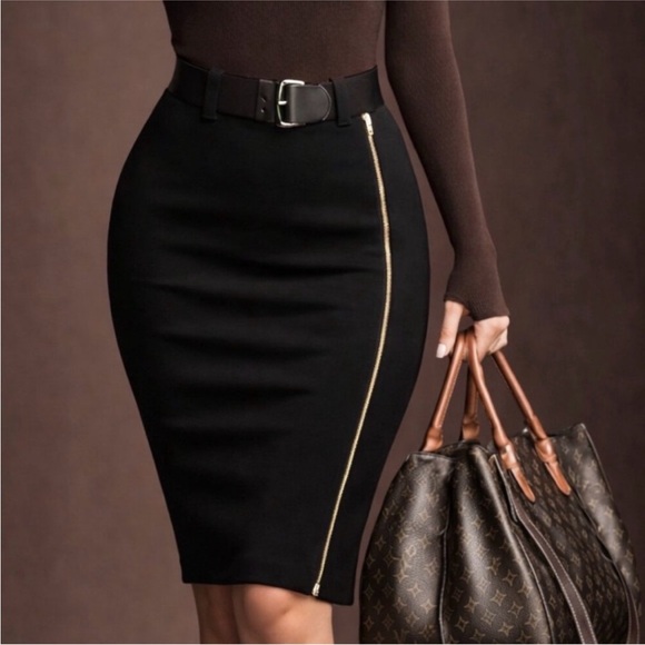 Express Dresses & Skirts - Express High Waist Chic Black Pencil Skirt with Gold Zipper
